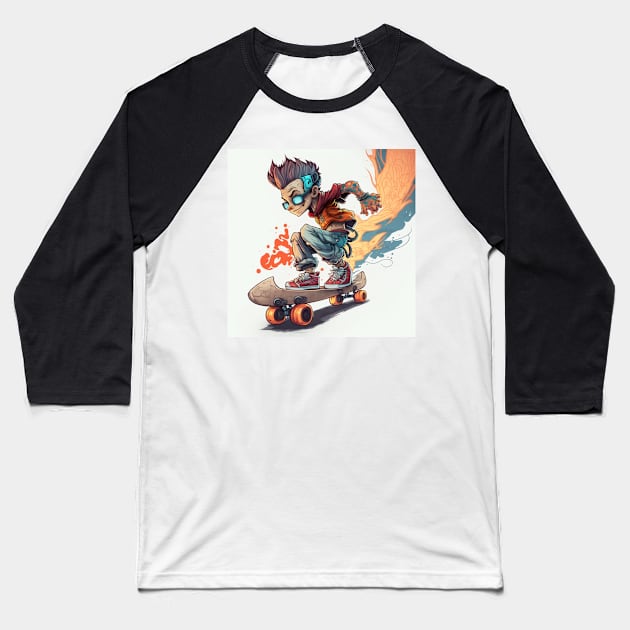 Cool little dude on his skateboard lighting up the road. Baseball T-Shirt by Liana Campbell